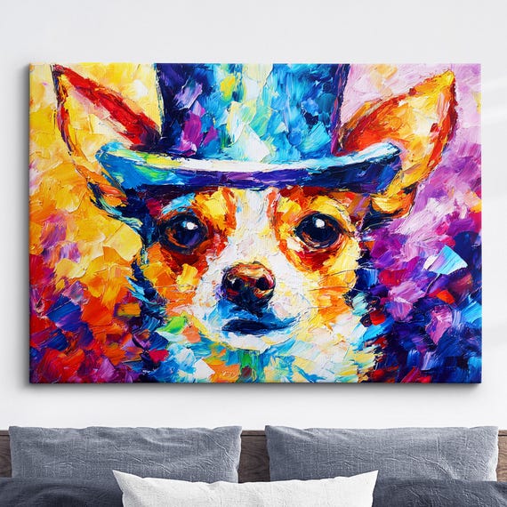 Chihuahua In A Top Hat Animal Abstract Oil Painting Splatter Style Wall Art Framed Canvas Poster Print Office Room Home Decor Gifts