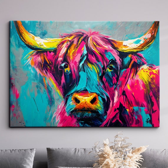 Highland Scottish Cow Painting Abstract Modern Wall Art Framed Canvas Poster Print Homeoffice Room Decor Gifts