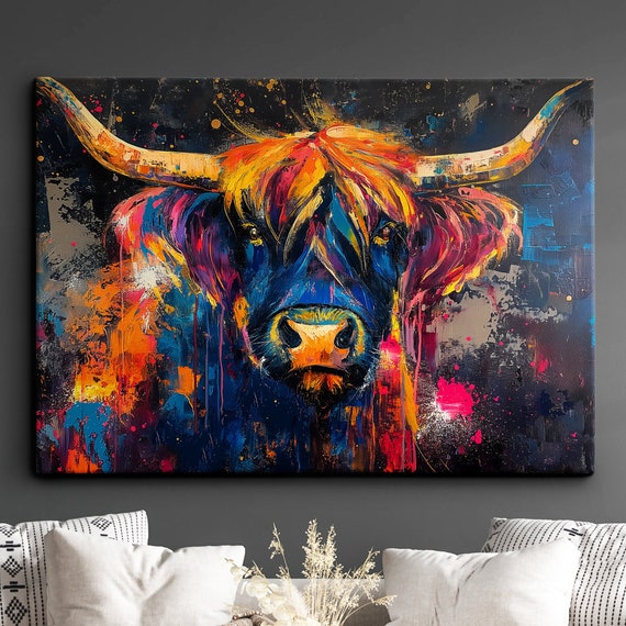 Highland Scottish Cow Painting Abstract Modern Wall Art Framed Canvas Poster Print Home Office Room Decor Gifts