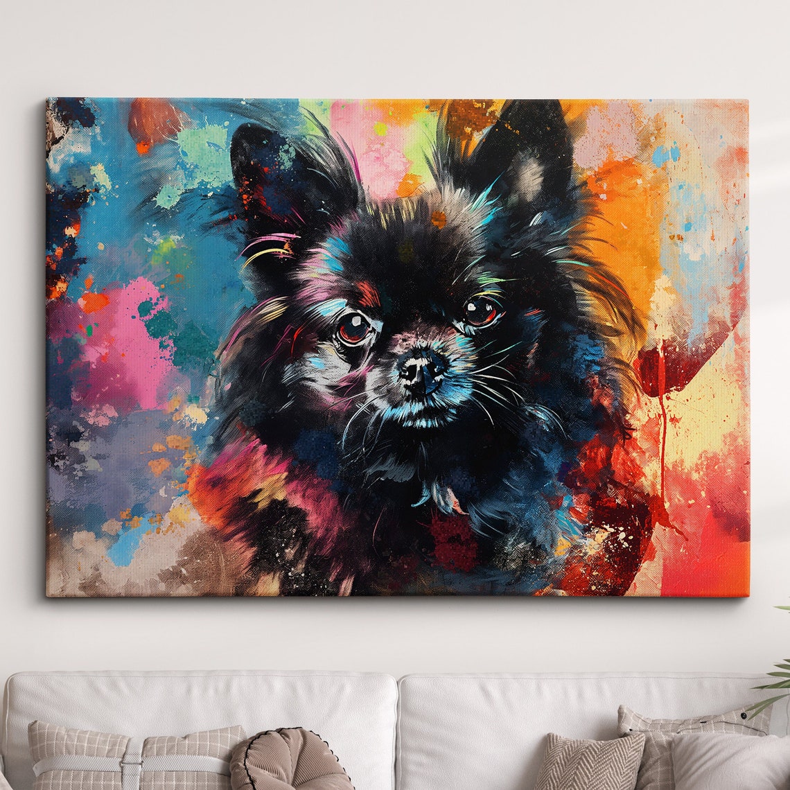 Black Pomeranian Puppy Portrait Vibrant Abstract Paint Decor Poster