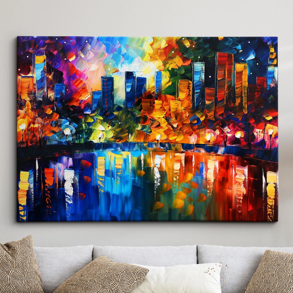 Abstract Neon City Skyline River Reflections Oil Painting Poster