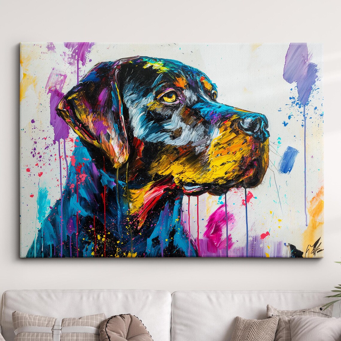 Black Tan Dog Profile Neon Colorful Splatter Painting Poster