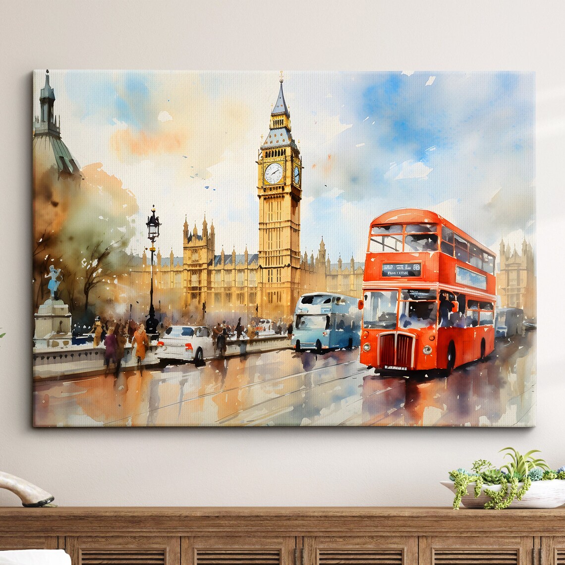 London Big Ben River Red Bus Landmark Art Print