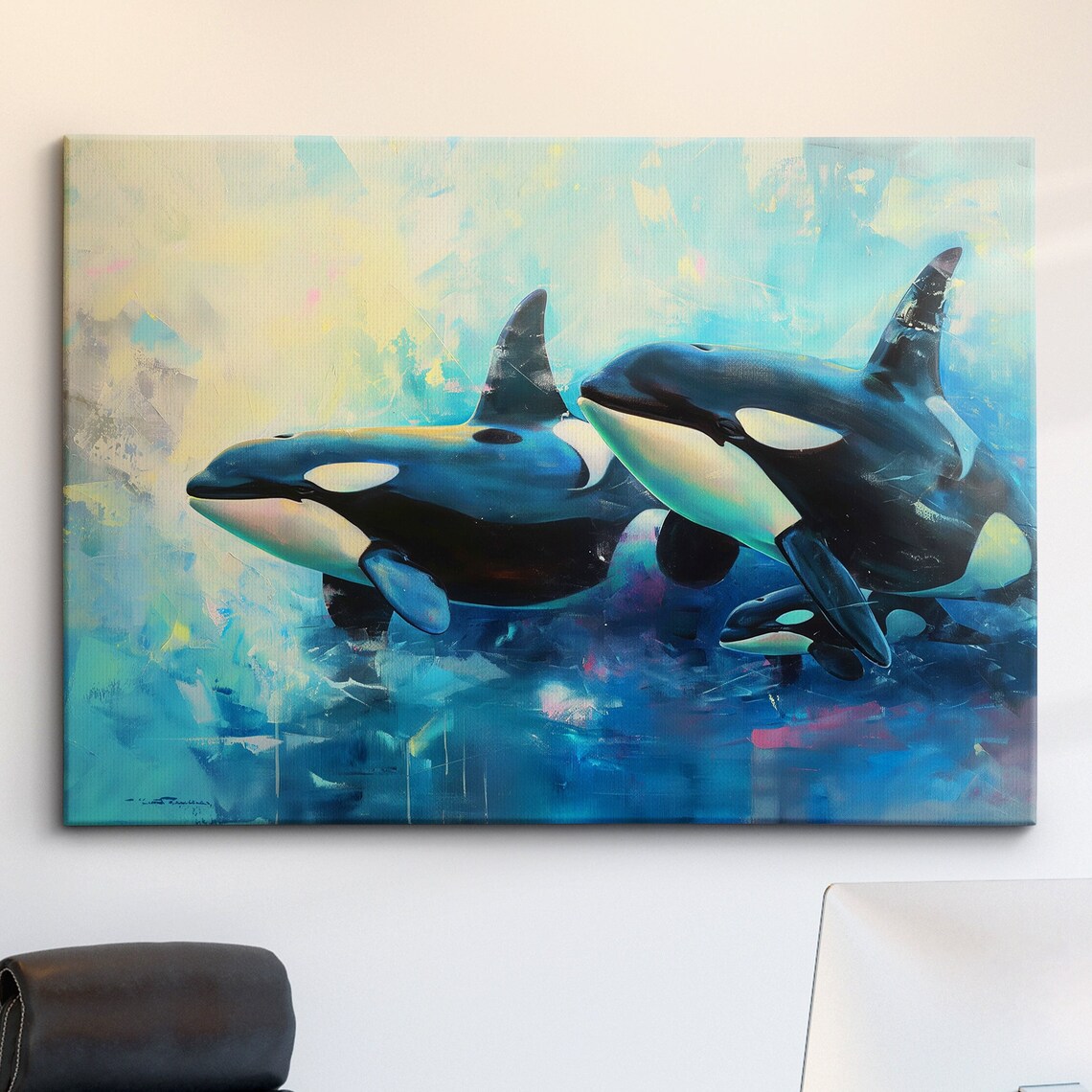 Two Orcas Swimming in Vibrant Blue Ocean Colorful Painting Poster