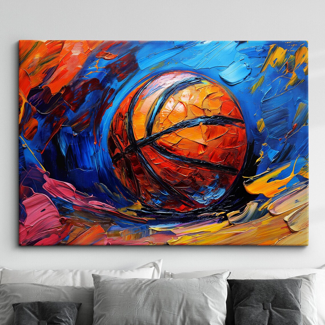 Basketball Abstract Oil Painting Bold Blue Swirl Motion Poster
