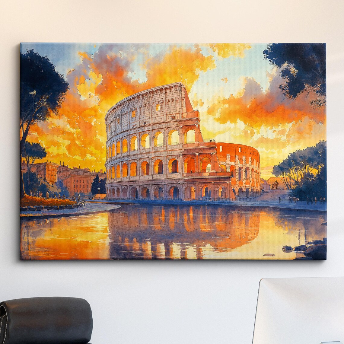 Rome Colosseum Sunset Watercolor Painting Glowing Reflection Poster