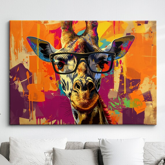 Colorful Giraffe Glasses Abstract Animal Oil Painting Style Landscape Wall Art Framed Canvas Poster Print Home Kitchen Living Decor Gifts
