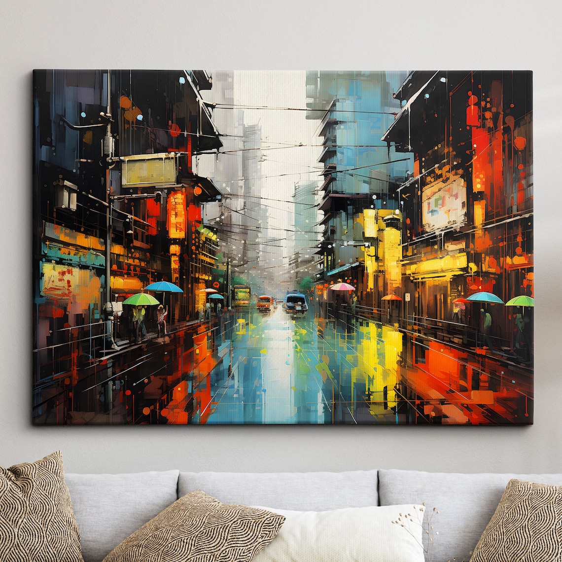 Rainy Tokyo Neon Street Umbrellas Oil Painting Cityscape Poster
