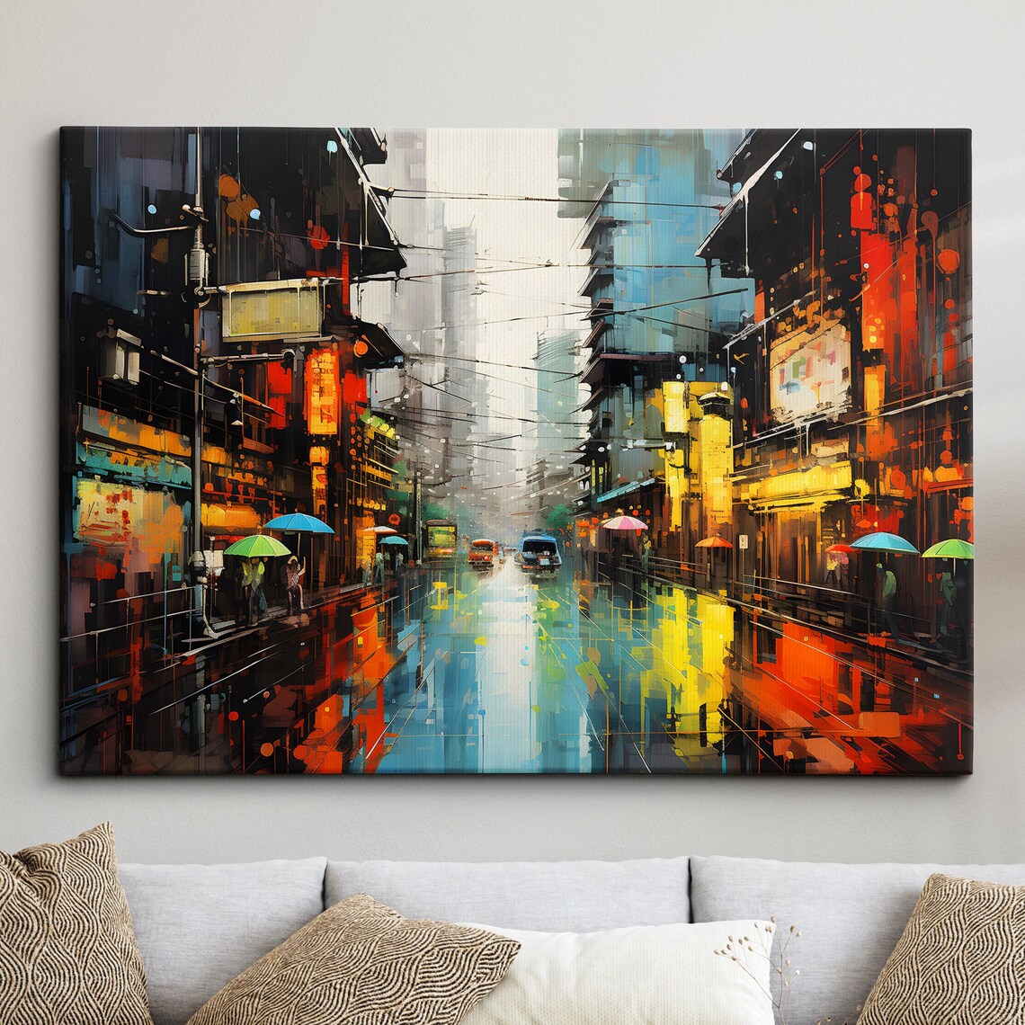 Tokyo Streets Inspired Japan Landmark Oil Painting Watercolor Wall Art Framed Calming Canvas Poster Print Homeoffice Room Decor Gifts
