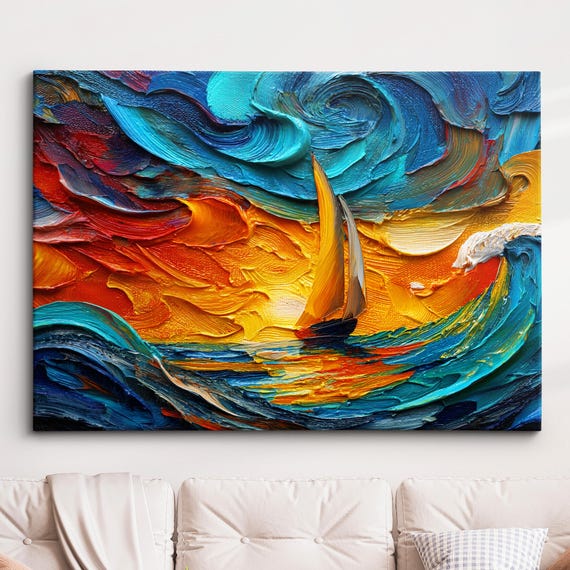 Beach Waves Boat Palette Painting Abstract Oil Wall Art Framed Canvas Poster Print Homeoffice Room Decor Gifts