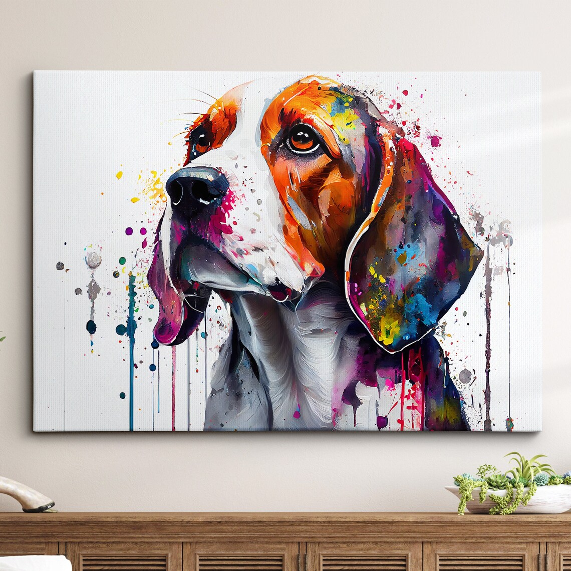 Beagle Dog Colorful Watercolor Splatter Portrait Fine Art Poster