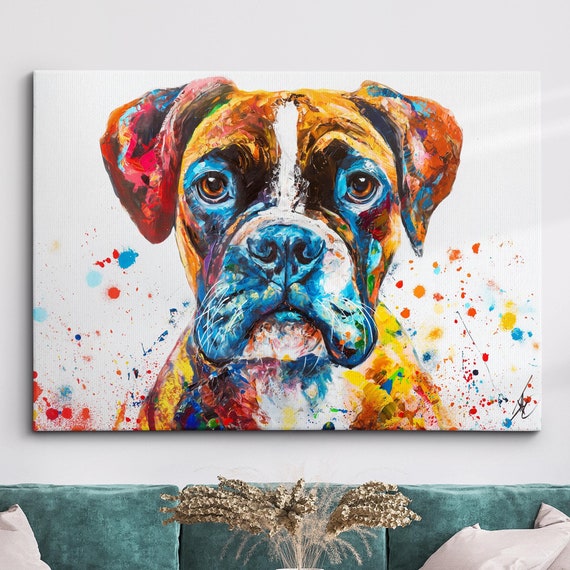 Colorful Boxer Dog Pet Abstract Modern Oil Painting Wall Art Framed Canvas Poster Print Home Kitchen Office Room Decor Gifts
