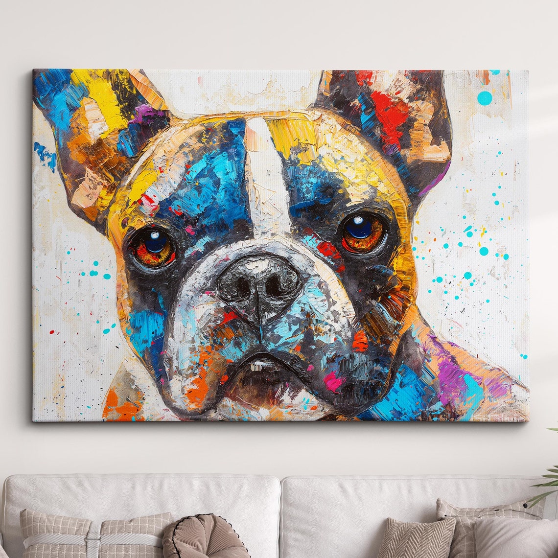 Colorful French Bulldog Dog Pet Abstract Modern Oil Painting Wall Art Framed Canvas Poster Print Home Kitchen Office Room Decor Gifts