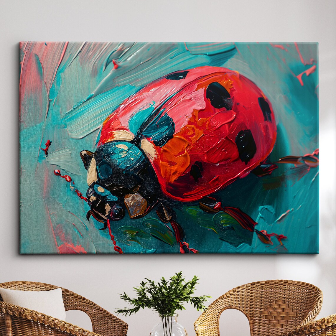 Red Ladybug Impasto Painting Teal Background Insect Art Poster