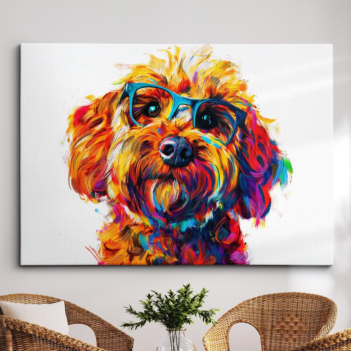 Curly Goldendoodle Dog With Teal Glasses Rainbow Pop Art Poster