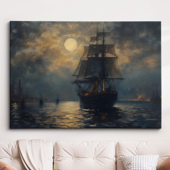 Moonlit Pirate Tall Ship Night Seascape Dramatic Oil Painting Poster