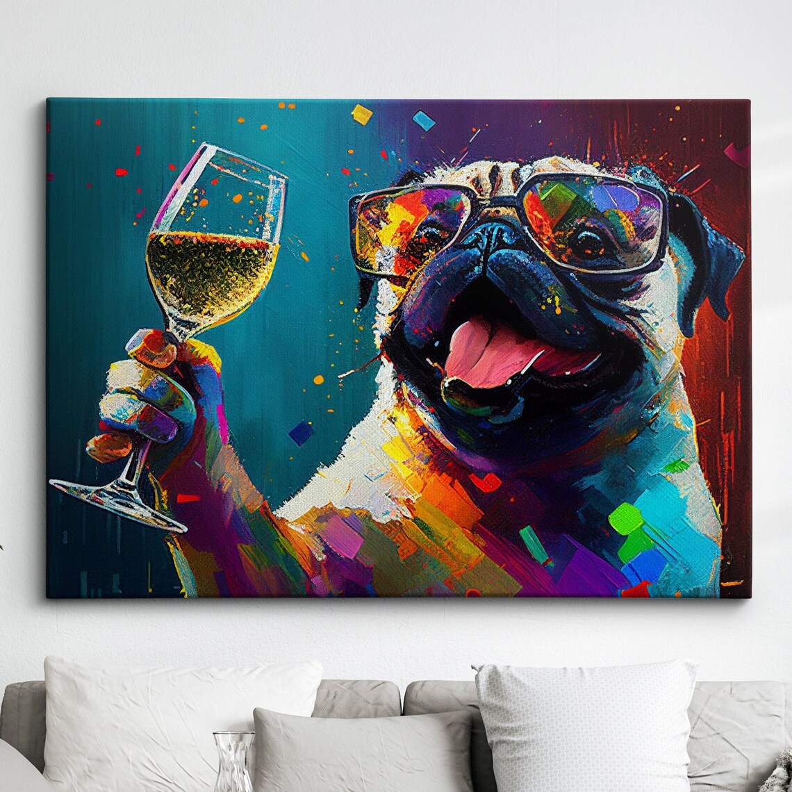 Pug Drinking Wine Abstract Oil Painting Art Print