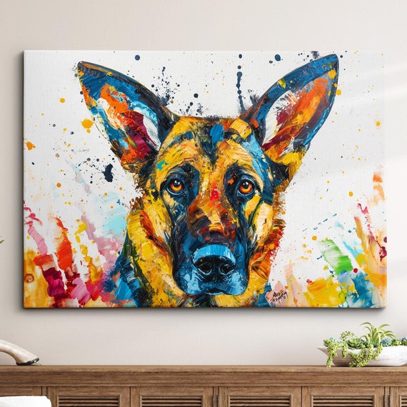 Colorful German Shepherd Dog Pet Abstract Modern Oil Painting Wall Art Framed Canvas Poster Print Home Kitchen Office Room Decor Gifts