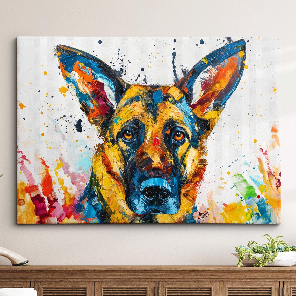 German Shepherd Colorful Splatter Paint Modern Oil Painting Dog Poster