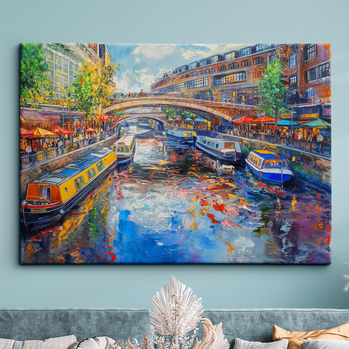 London Canal Narrowboats Brick Bridge Impasto Oil Painting Poster
