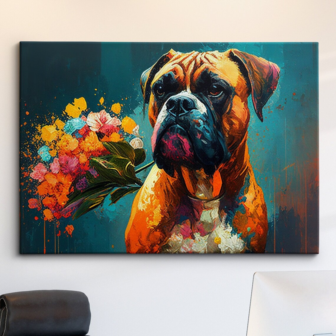 Boxer Dog With Colorful Bouquet Flowers Oil Painting Art Poster