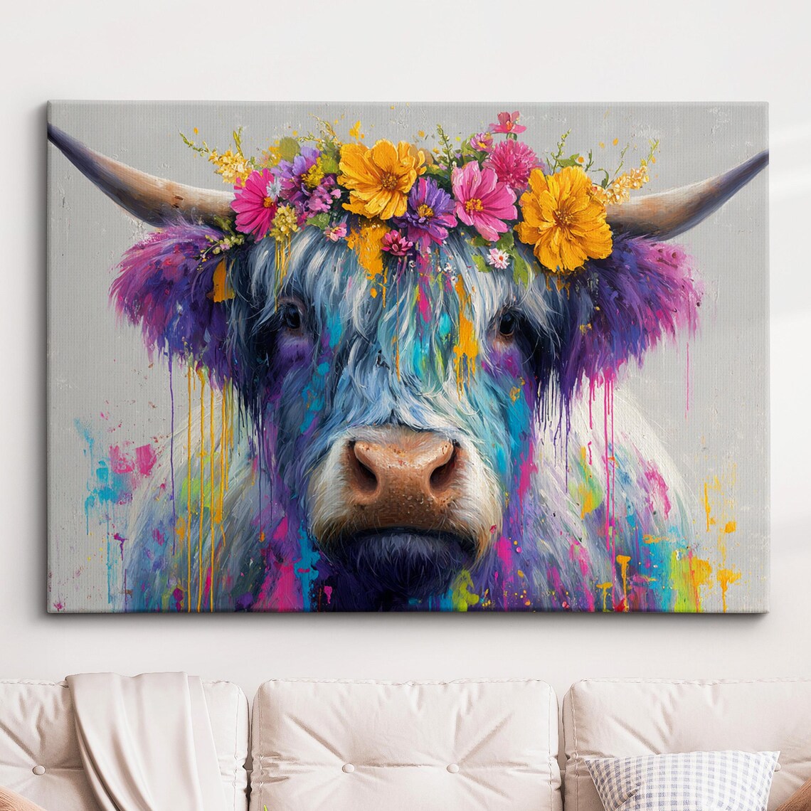 Blue Purple Floral Highland Cow Pop Art Portrait Modern Decor Poster