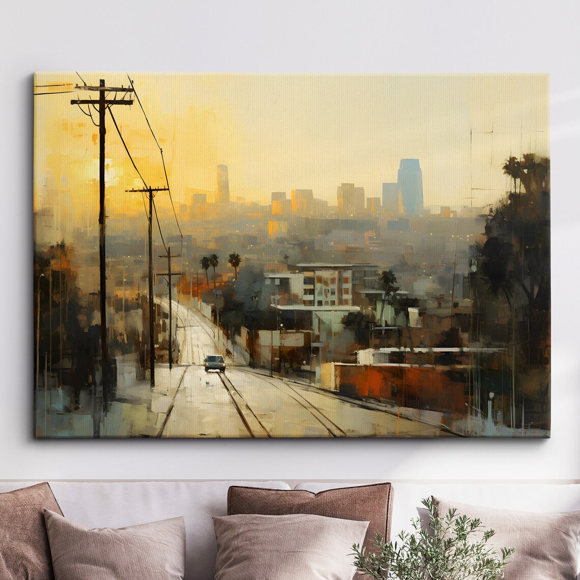 Los Angeles Sunset Skyline Streetcar Tracks Oil Painting Poster
