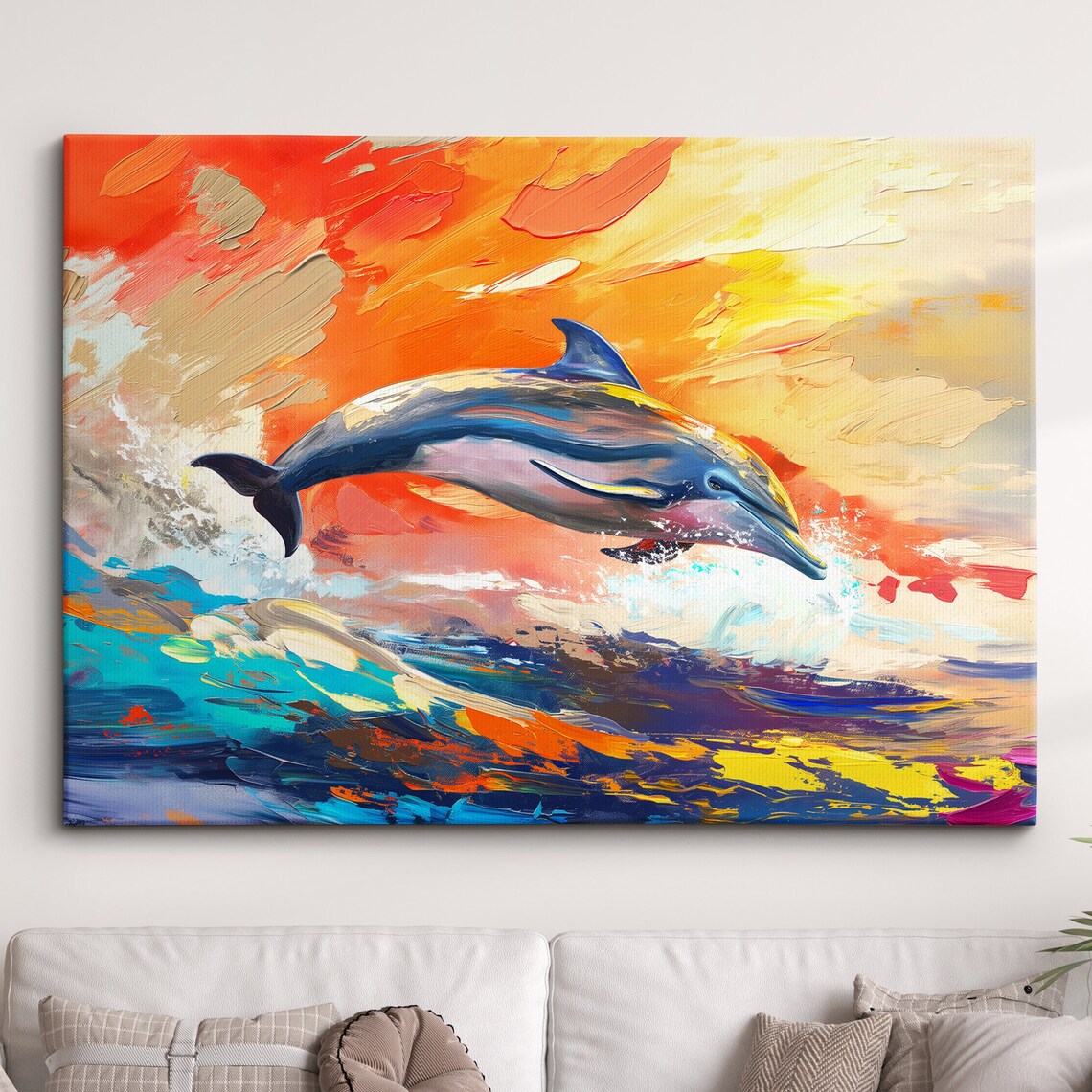 Dolphin Jumping Sunset Ocean Waves Colorful Oil Painting Poster
