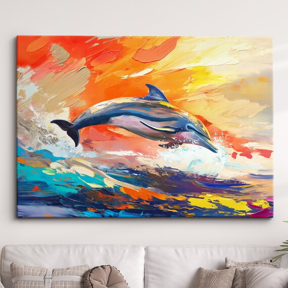 Dolphin Animal Sea Ocean Life Abstract Modern Painting Wall Art Framed Canvas Poster Print Home Kitchen Office Room Decor Kids Gifts
