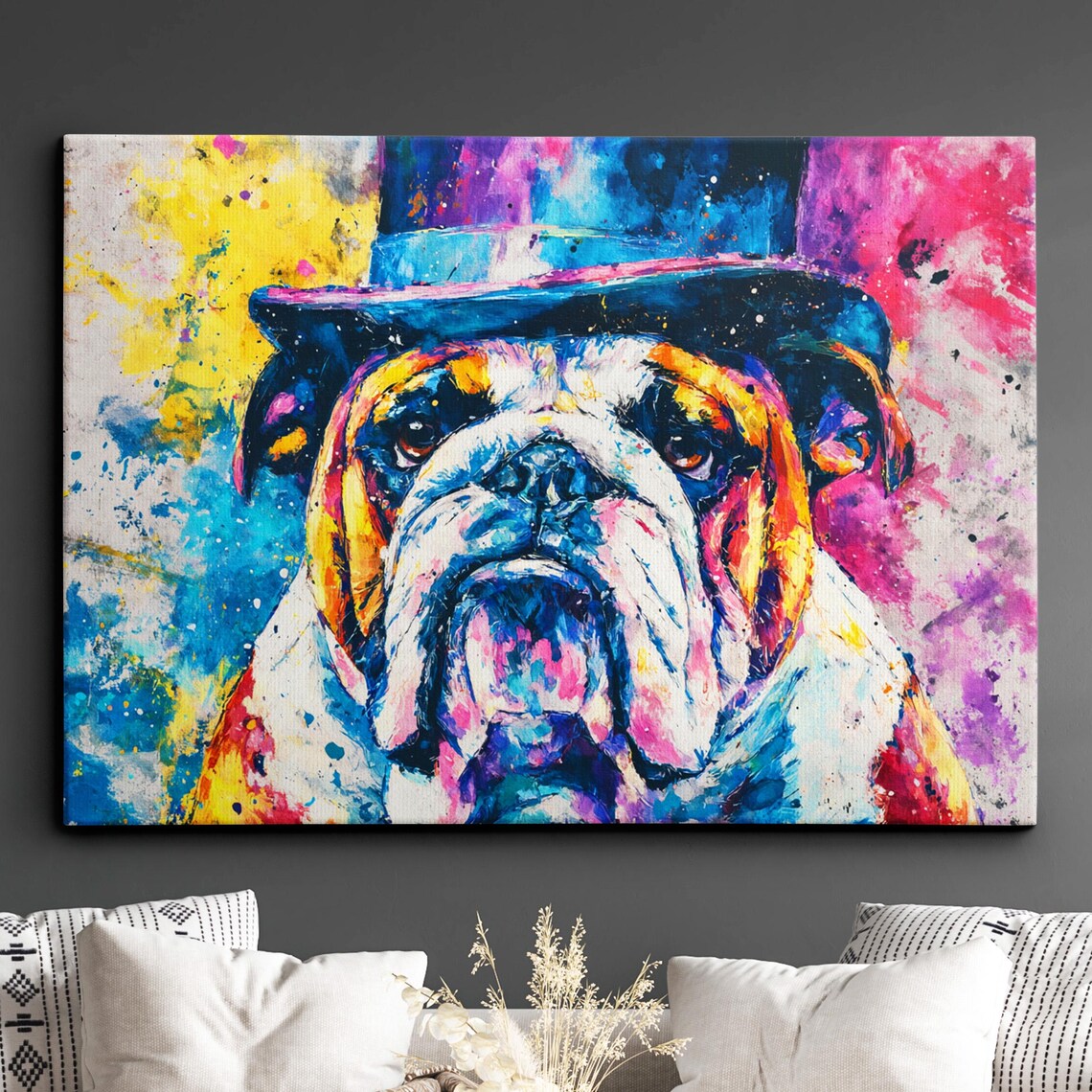Bulldog in a Top Hat Colorful Splatter Oil Painting Art Print
