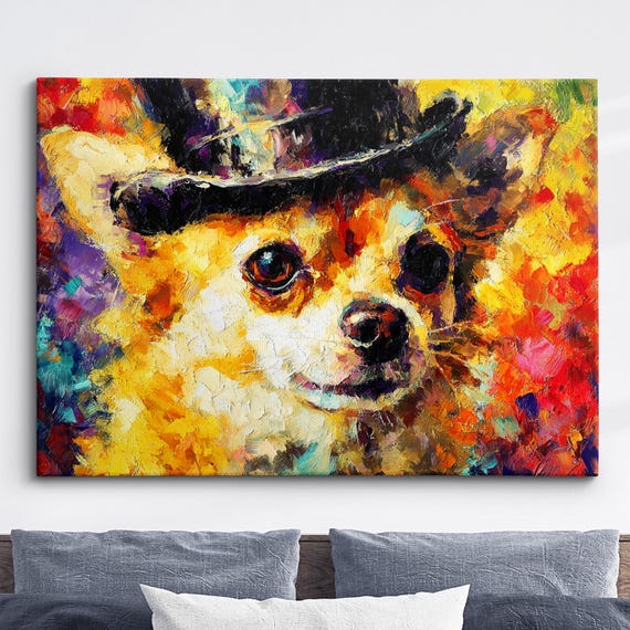 Chihuahua In A Top Hat Animal Abstract Oil Painting Splatter Style Wall Art Framed Canvas Poster Print Funny Pet Gifts