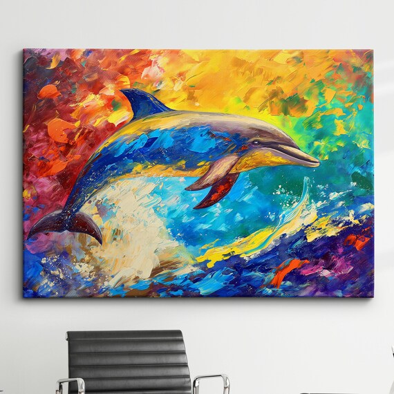 Dolphin Animal Sea Ocean Life Abstract Modern Painting Wall Art Framed Canvas Poster Print Home Kitchen Office Room Decor Kids Gifts