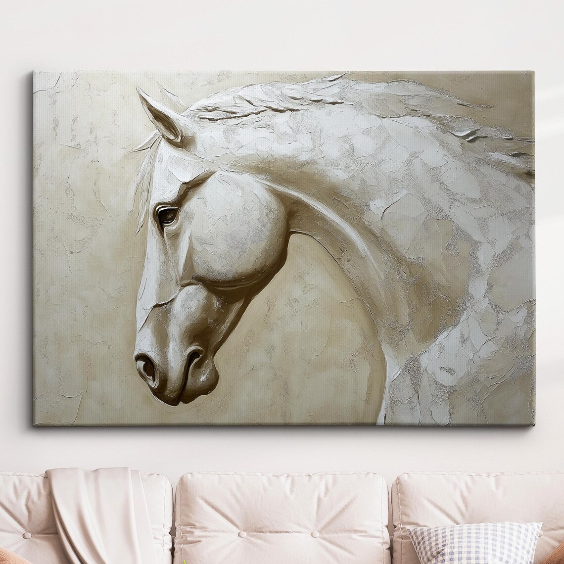 White Horse Portrait Neutral Beige Oil Painting Style Poster