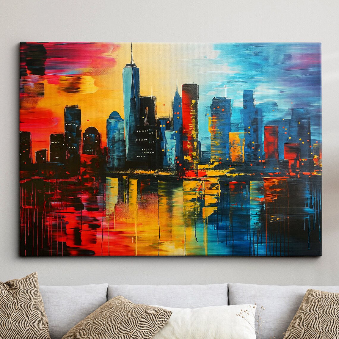 New York City Skyline Sunset America Landmark Oil Painting Style Wall Art Framed Calming Canvas Poster Print Homeoffice Room Decor Gifts