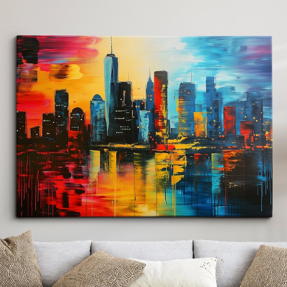 New York City Sunset Skyline Oil Painting Manhattan Wall Art