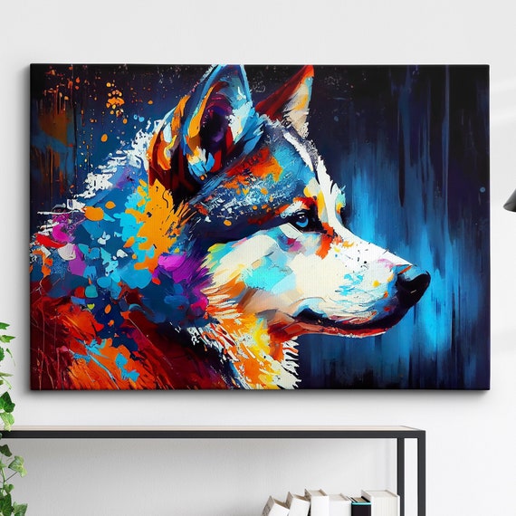 Siberian Husky Abstract Dog Pet Animal Painting Colorful Splatter Wall Art Framed Canvas Poster Print Home Office Room Decor Gifts
