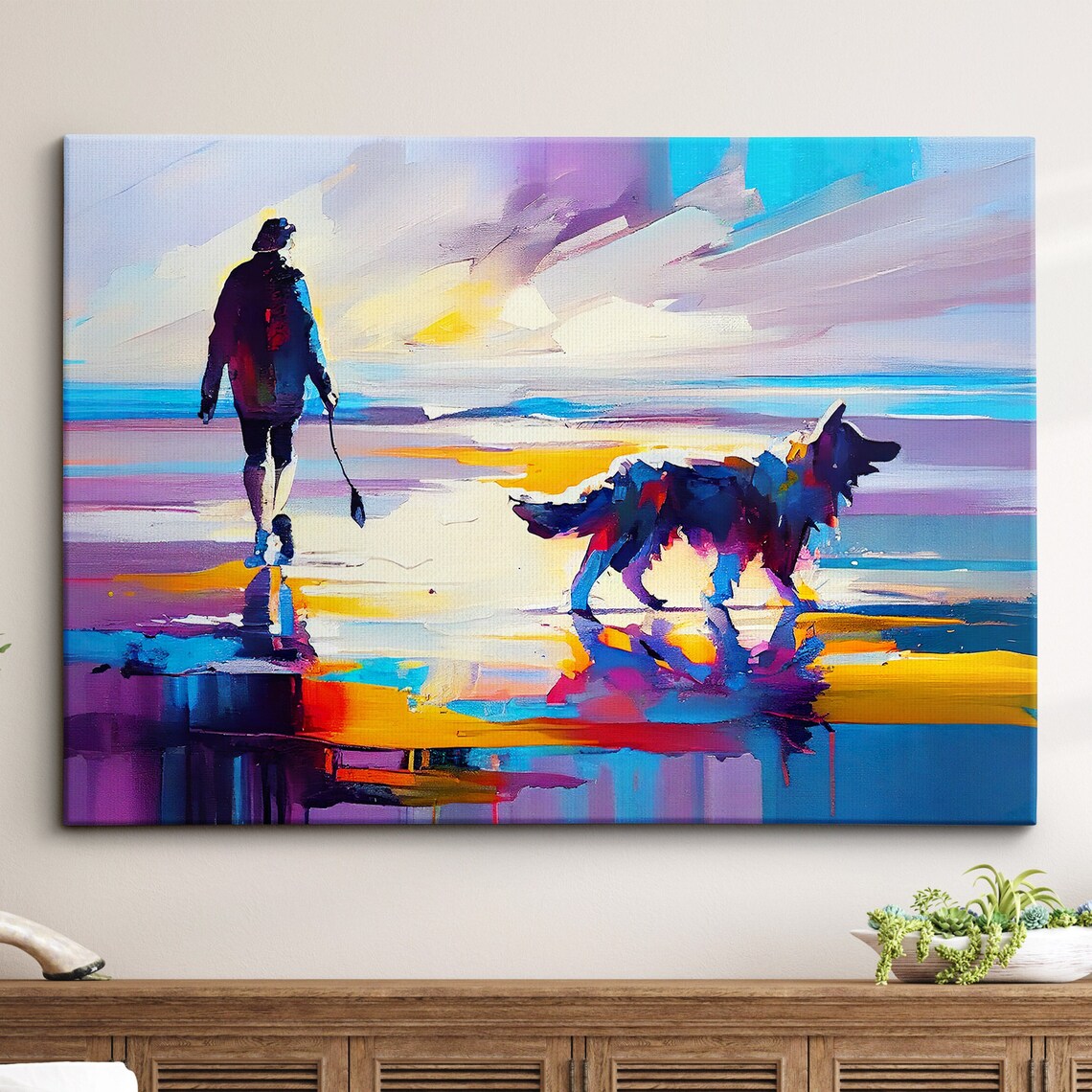 Sunset Beach Walker With Dog Colorful Abstract Coastal Art Poster