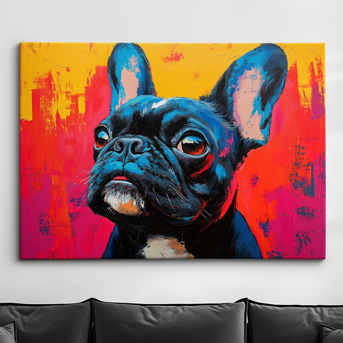 French Bulldog Electric Blue Pop Art Oil Painting on Red Yellow Poster