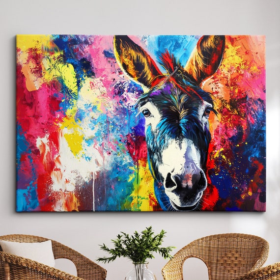 Colorful Donkeys Yelling Animal Abstract Oil Painting Paint Splatter Wall Art Framed Canvas Poster Print Home Living Room Decor Fun Gift
