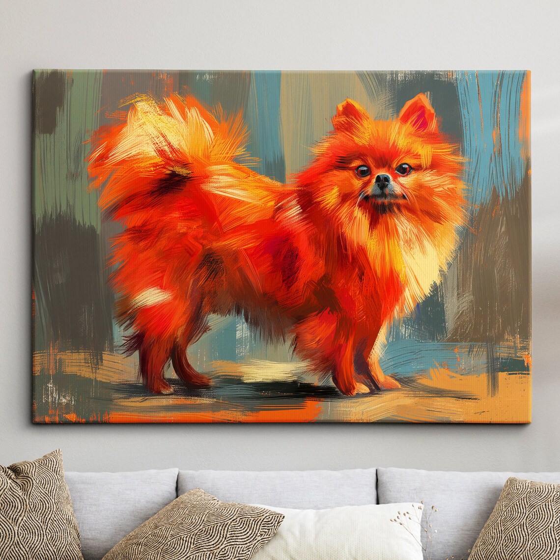 Orange Pomeranian Standing Full Body Modern Oil Style Dog Poster