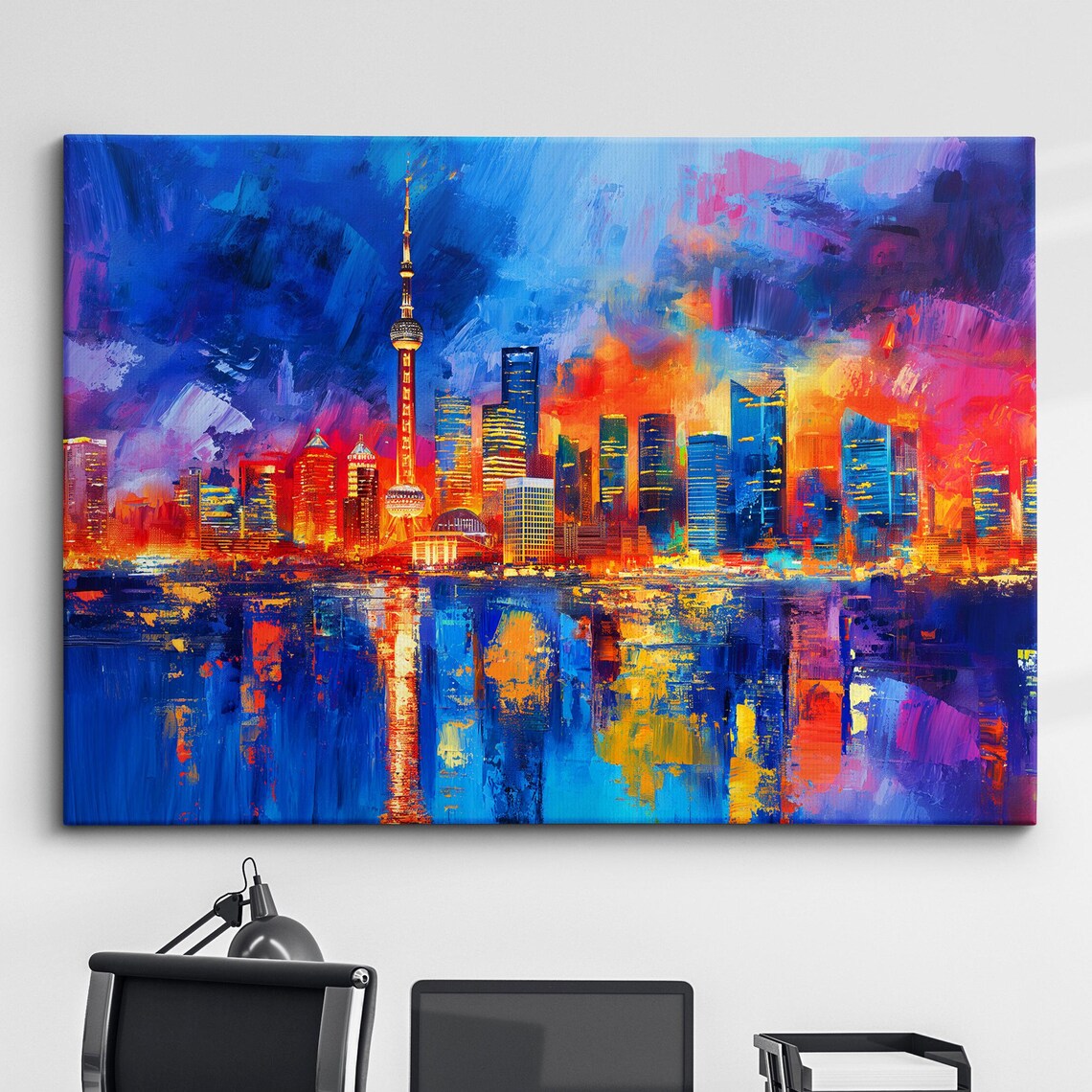 Shanghai Oriental Pearl Tower Sunset Skyline Oil Painting Poster