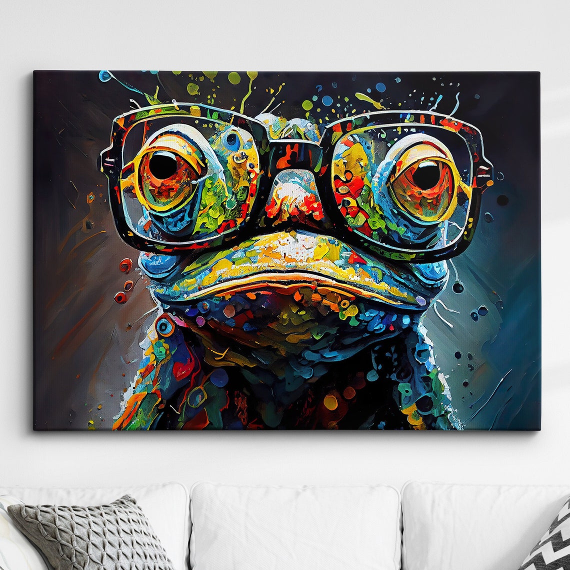 Fun Unique Frog With Glasses Abstract Modern Painting Wall Art Framed Canvas Poster Print Home Kitchen Office Room Decor Gifts