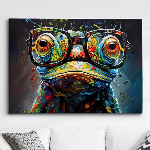 Fun Unique Frog With Glasses Abstract Modern Painting Wall Art Framed Canvas Poster Print Home Kitchen Office Room Decor Gifts