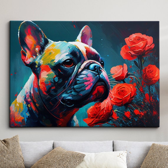 French Bulldog With Flowers Dog Pet Abstract Modern Oil Painting Wall Art Framed Canvas Poster Print Home Kitchen Office Room Decor Gifts