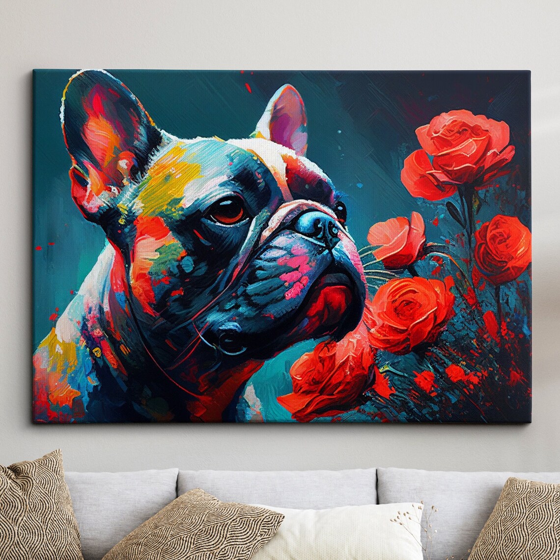 French Bulldog With Red Roses Colorful Oil Painting Portrait Poster