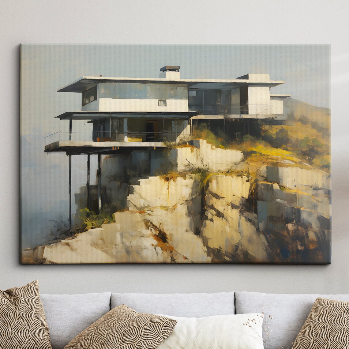 Modern Glass Cliffside Villa Hillside Oil Painting Architecture Poster