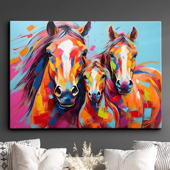 Colorful Horses Animal Abstract Oil Painting Paint Splatter Style Wall Art Framed Canvas Poster Print Home Living Room Decor Fun Horse Gift