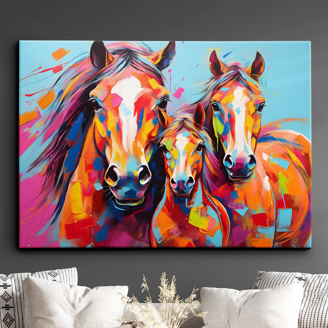 Three Horses Vibrant Neon Pop Art Abstract Colorful Horse Poster