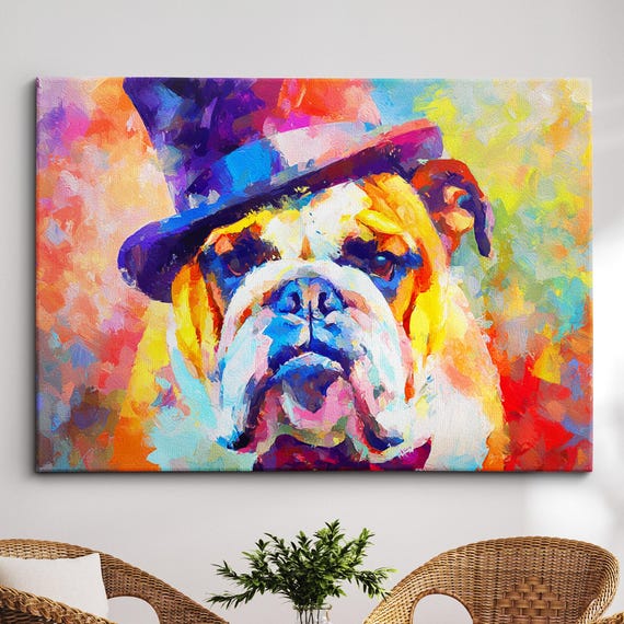 Bulldog In A Top Hat Animal Abstract Oil Painting Splatter Style Wall Art Framed Canvas Poster Print Home Kitchen Office Room Decor