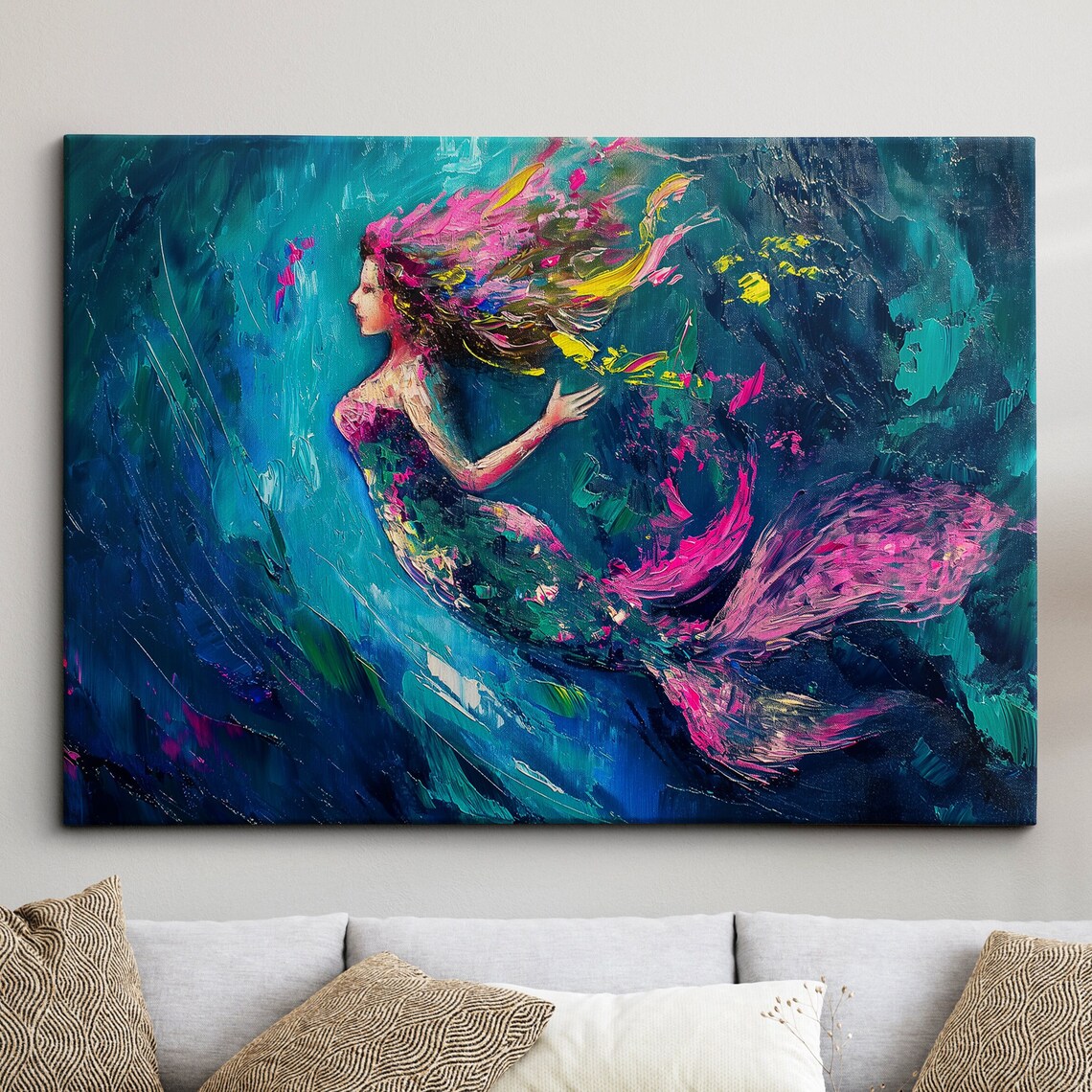 Mermaid Swimming Teal Ocean Flowing Pink Hair Impasto Art Poster